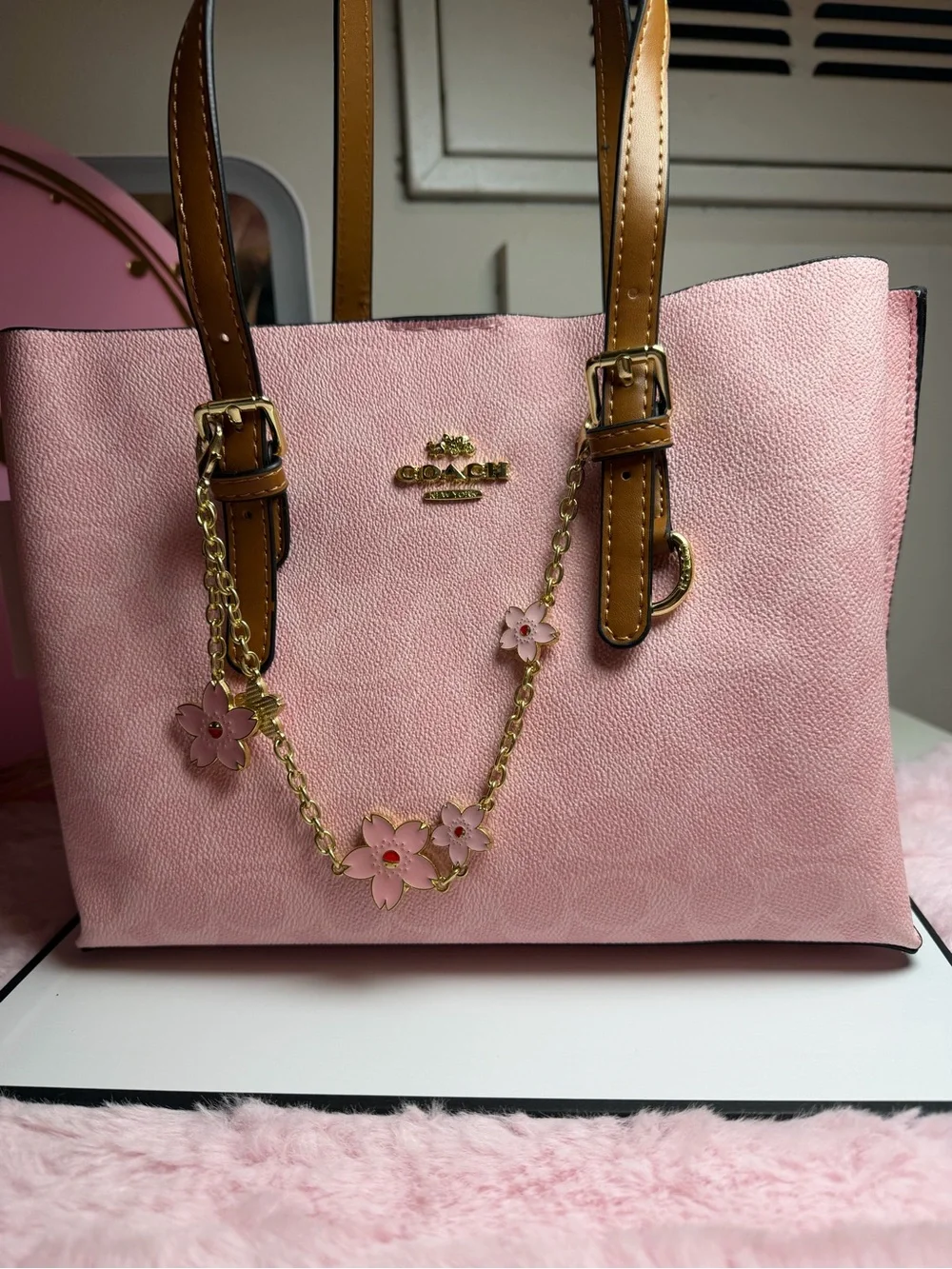 COACH Pink Leather Tote with Tan Strap and Floral Chain